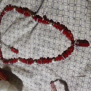 Red Quartz pendent pearl necklace